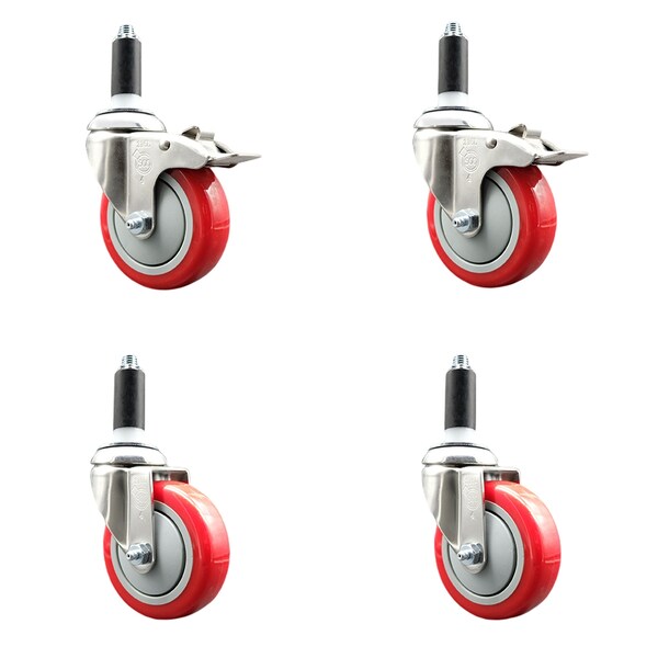 Service Caster 4 Inch 316SS Red Poly Swivel 1-1/8 Inch Expanding Stem Caster Lock Brake, 2PK SS316TTLEX20S414-PPUB-RED-2-S-2-118 - main